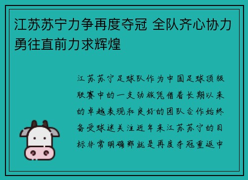 江苏苏宁力争再度夺冠 全队齐心协力勇往直前力求辉煌