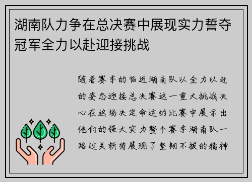 湖南队力争在总决赛中展现实力誓夺冠军全力以赴迎接挑战