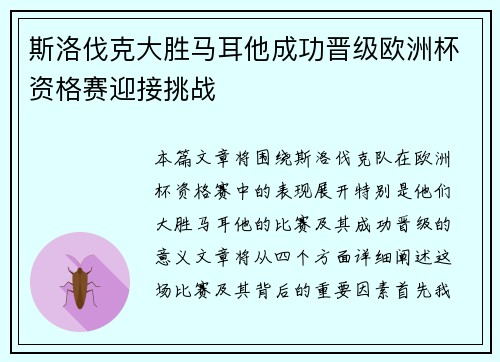 斯洛伐克大胜马耳他成功晋级欧洲杯资格赛迎接挑战