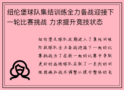 纽伦堡球队集结训练全力备战迎接下一轮比赛挑战 力求提升竞技状态
