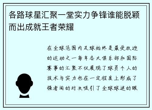 各路球星汇聚一堂实力争锋谁能脱颖而出成就王者荣耀