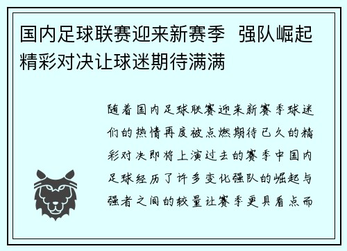 国内足球联赛迎来新赛季  强队崛起精彩对决让球迷期待满满